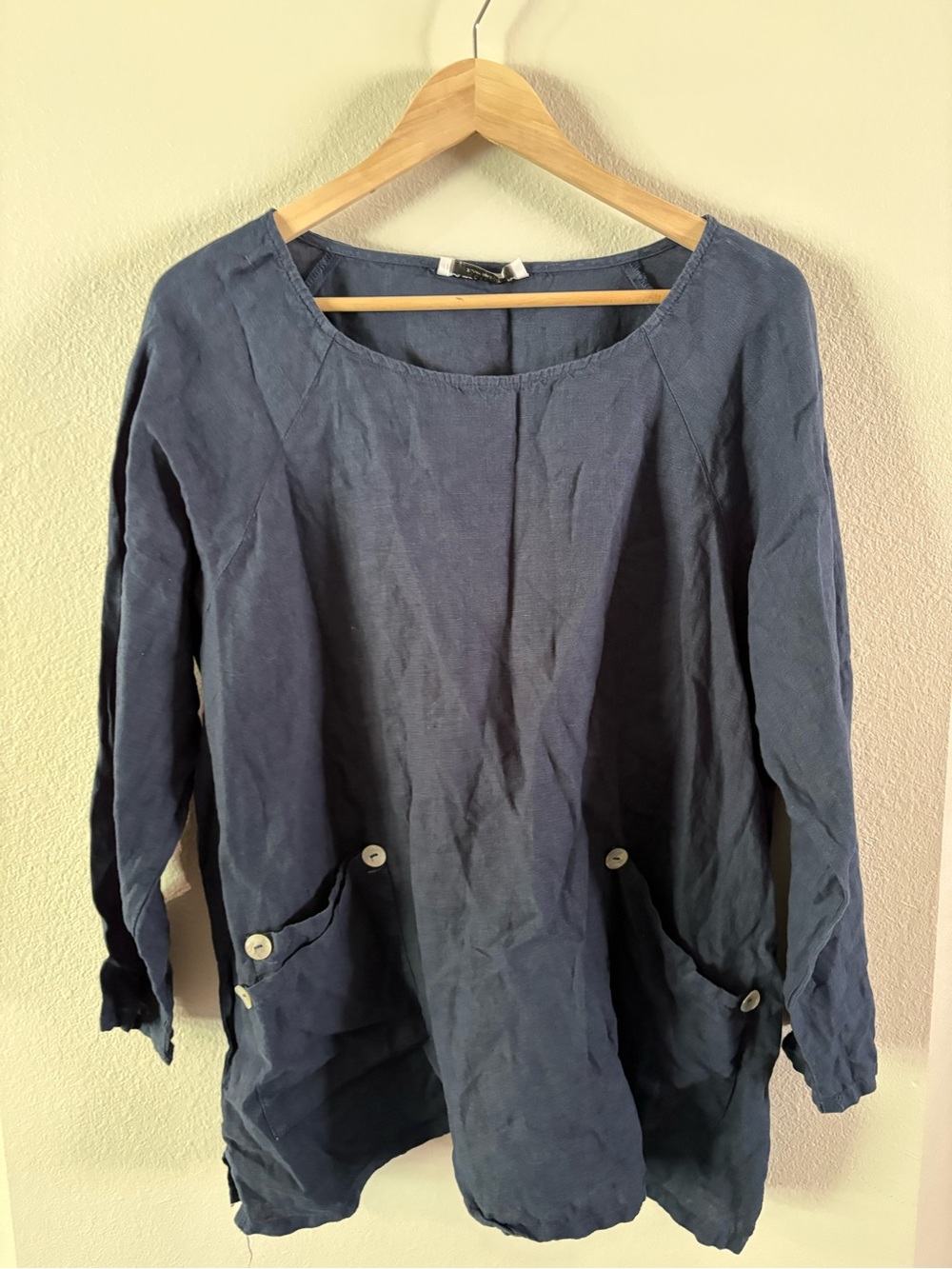 Snappy Turtle Linen Relaxed Navy Button-Pocket Tunic Pullover Large